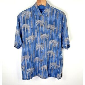 Tommy Bahama 100% Silk Blue Gray Palm Trees Hawaiian Camp Button Up Shirt Mens L